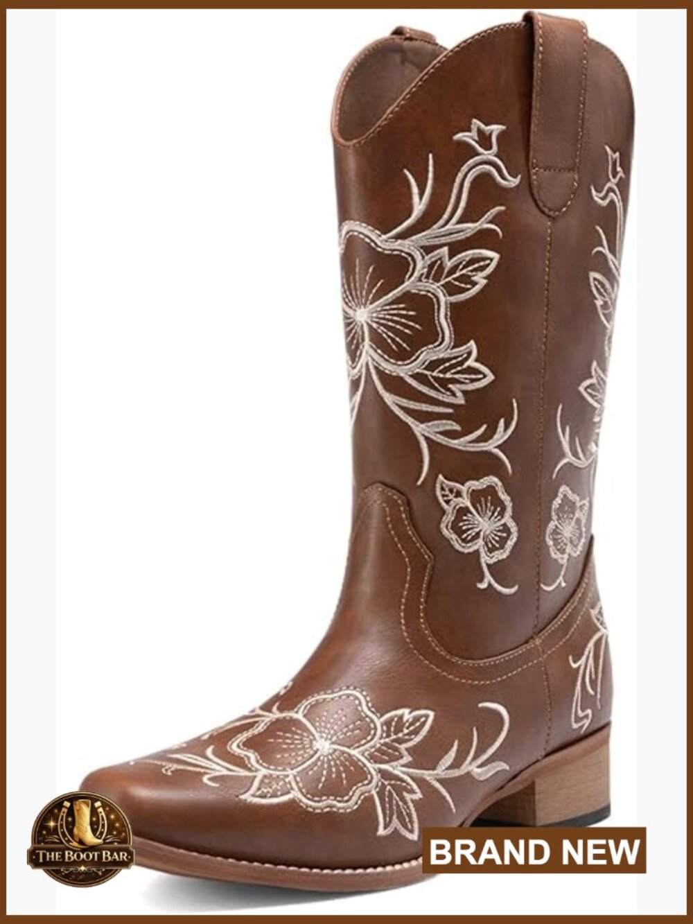 Women's Western Cowboy Boots Square Toe Embroidered Mid Calf Low Heel